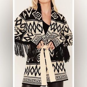 Black & Cream Fringe Knit Cardigan Sweater
